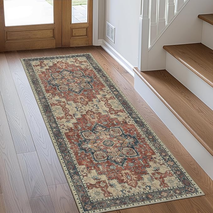 GENIMO 2'6''x14 Runner Rugs for Hallway, Machine Washable Non Slip Vintage Retro Rugs, Low Pile Lightweight Soft Print Rug for enrtyway, Corridor, Home Office, Kitchen, Bordeaux