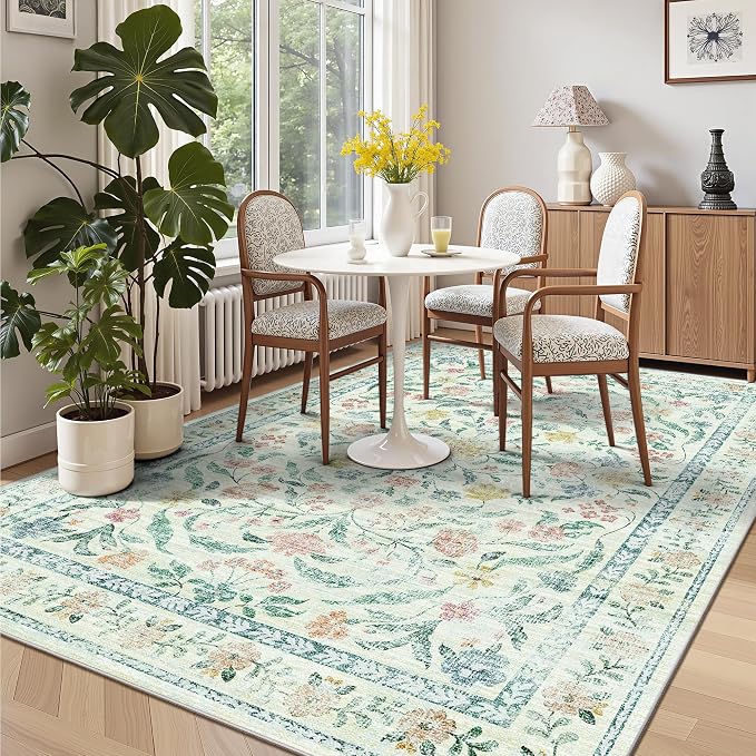 5x7 Area Rugs, Vintage Rugs for Bedroom, Indoor Non-Slip Washable Rug for Living Room, Dining Room, Low Pile Home Decor Floral Rug(Beige Bloom)