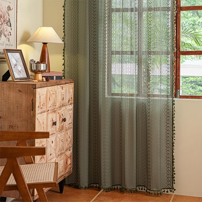 Sutuo Home Olive Green Boho Curtains 63 inches Long for Kitchen Bedroom, Crochet Lace Sheer Bohemian Hollow Knitted Tassels, Privacy Vintage French Retro Farmhouse, Rod Pocket 1 Panel 59" W x 63" L
