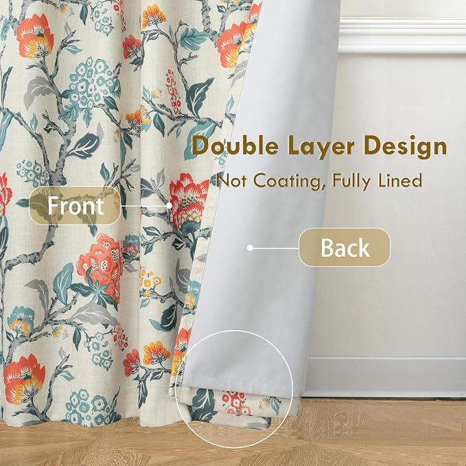 DriftAway Ada Floral Botanical Print Flower Leaf Lined Thermal Insulated Room Darkening Blackout Window Curtains 2 Layers Set of 2 Panels Each 52 Inch by 102 Inch Orange Teal Beige Linen