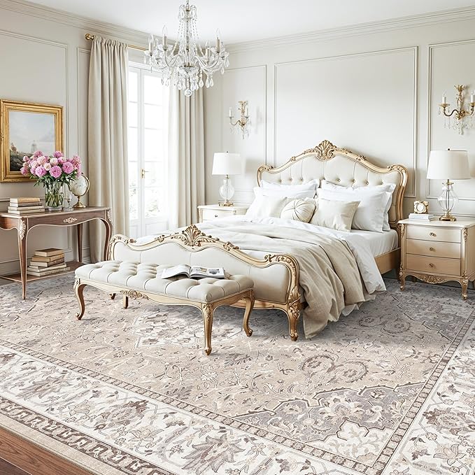 Area Rugs 10x12 Living Room Rug: Washable Rug Soft Vintage Boho Carpet Indoor Floor Non-Slip Stain Resistant Large Carpets for Bedroom Dining Room Farmhouse Nursery Home Office Beige(10x12，Beige)
