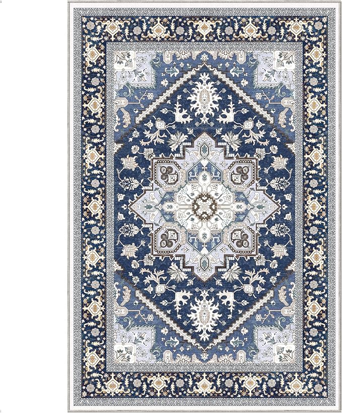 OPPODREAM Soft Area Rugs 4x6, Low-Pile Washable Rugs 4x6 with Non Slip Backing, Faux Cashmere 4 x 6 Throw Carpet, Navy Blue & Gold