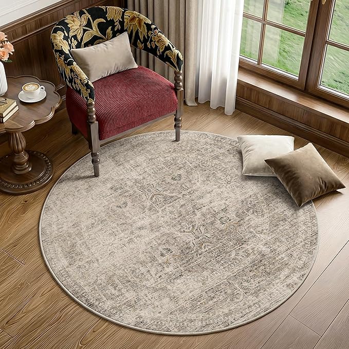 FMFUNCTEX 4ft Round Washable Area Rug Taupe Vintage Neutral Distressed Small Non Slip Carpet for Living Room Bedroom Soft Low Pile Indoor Mat Retro Thin Throw Rug for Dining Room Kitchen Office