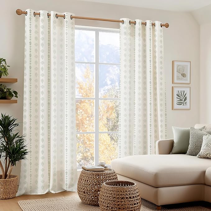 Sage Green Sheer French Country Curtains 90 Inch Long,Vine Leaf Custom Curtains for Windows Living Room Bedroom 2 Panels Set,Cream Ivory Off White