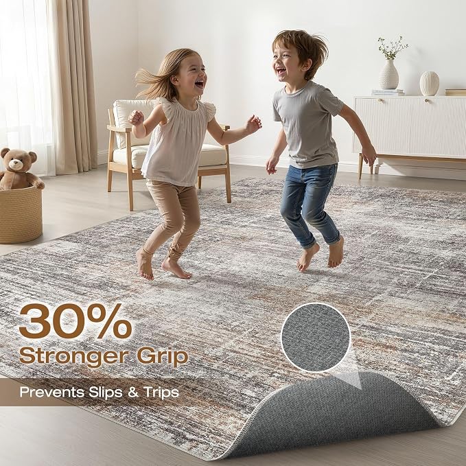 10x12 Area Rug Living Room: Washable Large Neutral Rug Abstract Soft Modern Stain Resistant Indoor Floor Non-Slip Carpet for Bedroom Nursery Kids Office Playroom Dining Room Under Table- Gray Rust