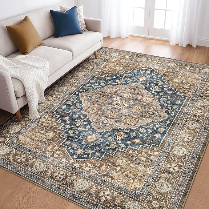 6x8 Area Rug Living Room: Washable Boho Large Neutral Vintage Soft Rugs Stain Resistant Farmhouse Non-Slip Indoor Floor Carpet for Bedroom Nursery Kids Office Dining Room Playroom- Yellow Blue