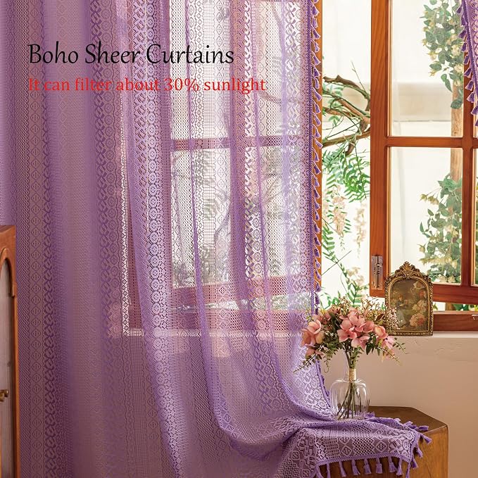 Sutuo Home Lavendar Boho Lace Curtains 96 inches 2 Panels Long for Living Room Dining Room, Semi Sheer Curtains Farmhouse Privacy Crochet Vintage Tassels Rustic Bohemian Style Rod Pocket Decor, 50" W