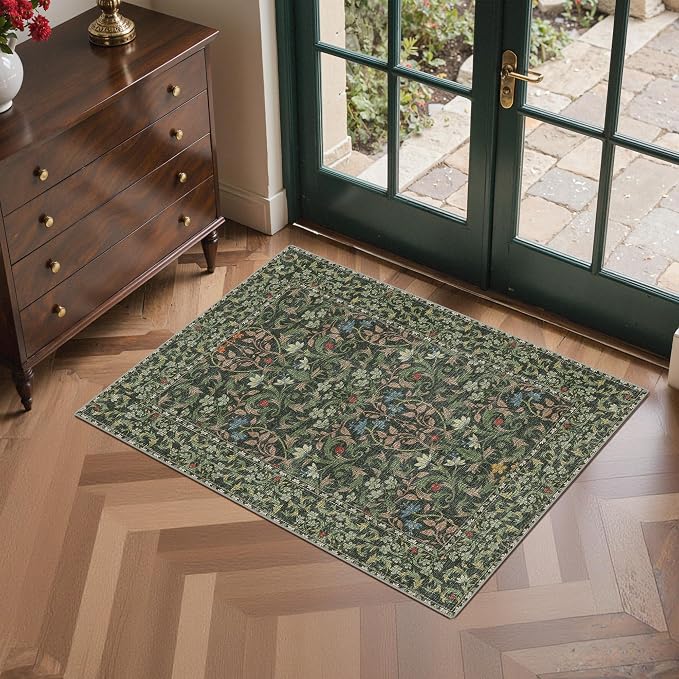 GENIMO 2x3 Washable Kitchen Rug, Non Slip Indoor Door Mat, Emerald Green | Vintage Boho Floral Low Pile Entryway Mat for Bathroom, Front Door and Laundry Room