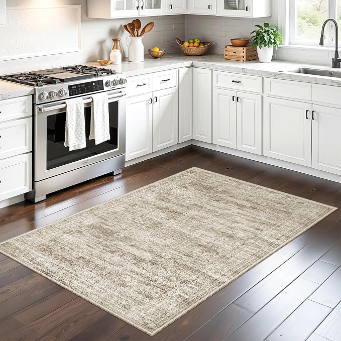 Soalmost 3x4 Rug, Small Area Rug for Kitchen, Entryway, Machine Washable Non-Slip Throw Rug, Vintage Carpet for Nursery Coffee Table Brown