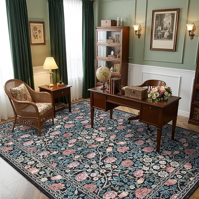 GarveeHome Indigo Blue and Pink Vintage Floral Washable 6x9 Area Rugs for Living Room Boho Retro Rug Low Pile Stain Resistance Non Slip Carpet for Bedroom Nursery Dining Room