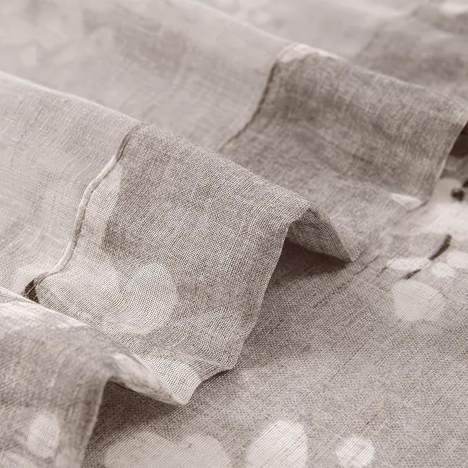 Fmfunctex Linen Sheer Curtains for Bedroom, Tan White Blossom Print Curtains 96 Inches Long for Living Room, Taupe Floral Patterned Farmhouse Curtain Light Filtering Window Drapes 2 Panels, Rod Pocket