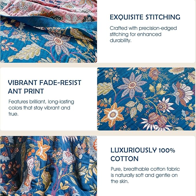 Boho Throw Blanket - 100% Cotton Ultra Soft Muslin Spring Blanket, 60"x80" Lightweight Floral Butterfly Framhouse Bedding Blanket for Bed, All Season Blue Bohemian Bedroom Home Decor Quilt