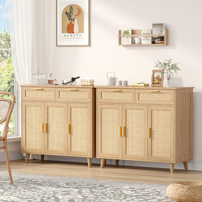 Akxomel Rattan Sideboard Buffet Cabinet with Storage, 35.4" W Buffet Cabinet with 2 Drawers and 3 Doors, Sideboard Storage Cabinet with Adjustable Shelves for Kitchen, Living Room, Natural Oak