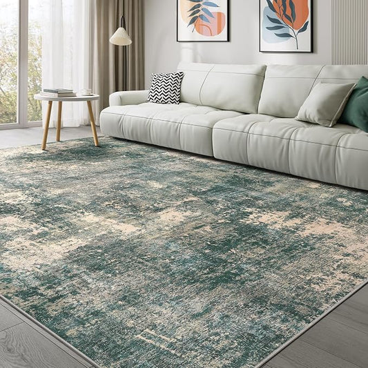 Abstract 10x14 Area Rug: Machine Washable Non Slip Ultra Thin Low-Pile Carpet, Soft Stain Resistant for Living Dining Room Bedroom, Kid Pet Friendly, Robot Vacuum Compatible - Dark Green/Beige