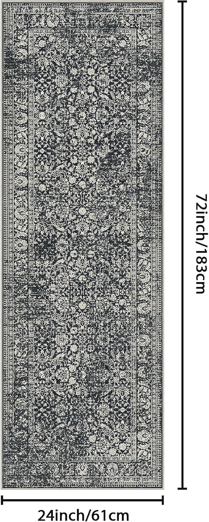 Bavni Runner Rug Non Slip, Machine Washable Rugs for Bedroom 2x6, Boho Rugs with Rubber Backing, Ultra-Thin Foldable Rug Runner for Hallways Bathroom, Black Floral