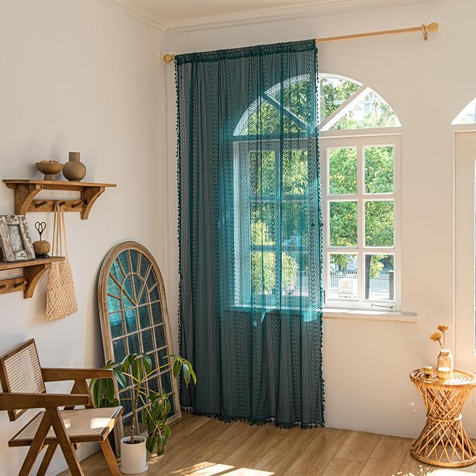 Sutuo Home Boho Curtains Crochet Lace Sheer Bohemian Hollow Knitted with Tassels, Window Treatment Privacy Vintage Rustic Farmhouse Drapes for Bedroom, Rod Pocket 1 Panel 59" W x 63" L, Turquoise