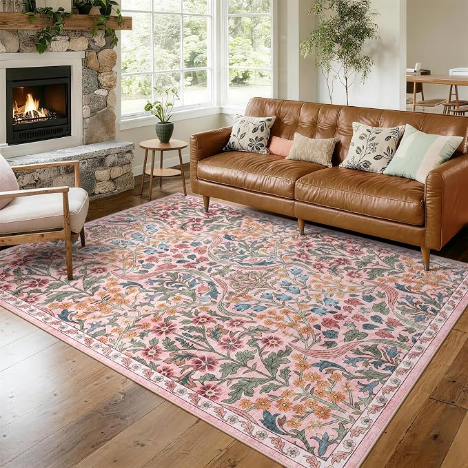 5x7 Washable Area Rug for Living Room, Floral Non-Slip Non-Shedding & Easy Care, Soft Low Pile Forest Boho Indoor Floor Carpet for Living Room, Bedroom, Farmhouse, Dining Room, Kids Playroom, Pink