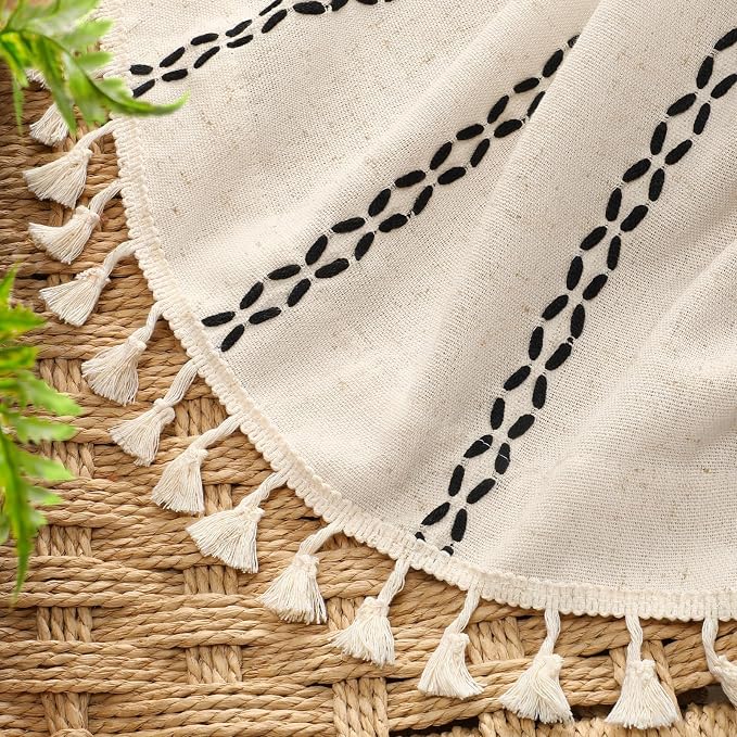 Beige Boho Blackout Curtains 2 Panels 63 Inch for Living Room Bedroom, Linen Texture Farmhouse Curtains with Tassels and Black Cotton Embroidery Vintage Rustic Western Rod Pocket