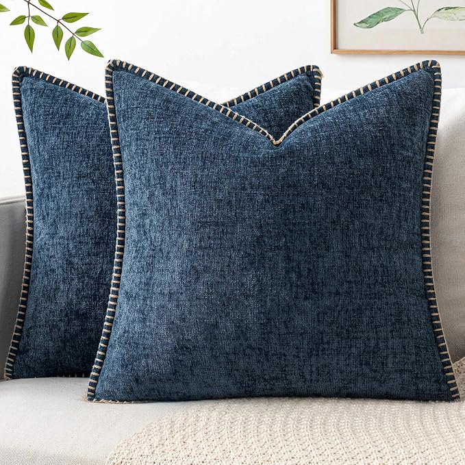 MIULEE Pack of 2 Couch Throw Pillow Covers 20x20 Inch Dark Blue Farmhouse Decorative Pillow Covers with Stitched Edge Soft Chenille Solid Dyed Pillow Covers for Sofa Bed Living Room