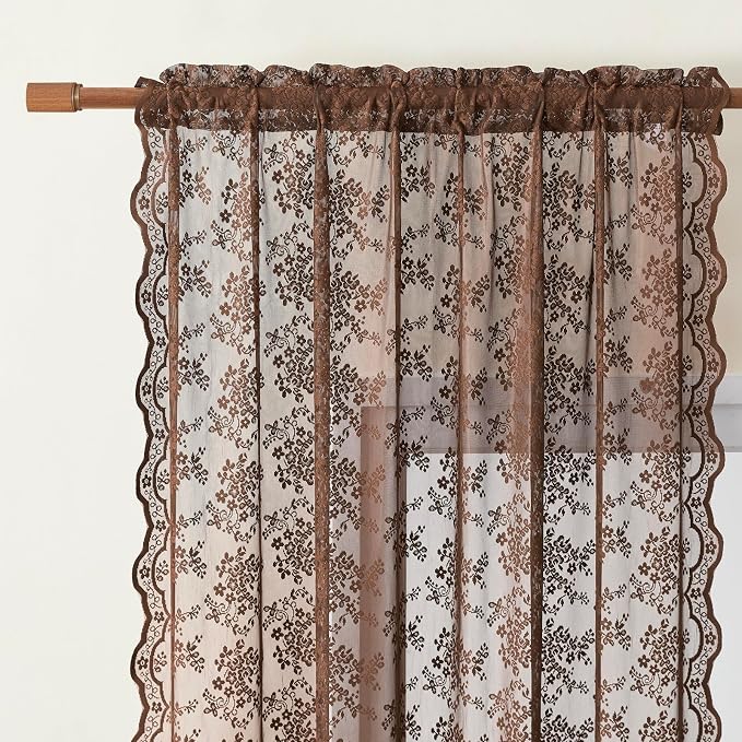 YJ YANJUN Vintage Lace Curtains 84 Inches Long-Victorian Floral Boho Brown Sheer Curtains for Living Room Bedroom, Light-Filtering Rustic Farmhouse Window Treatment, Chocolate 2 Panels 52W x 84L