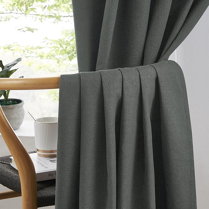 KEQIAOSUOCAI Full Blackout Curtains Dark Grey 102 Inches Long 2 Panels Set, Extra Long Back Tab Rod Pocket Linen Curtains, Floor to Ceiling Curtains for Bedroom Dining Room,1 Pair, 50W x 102L