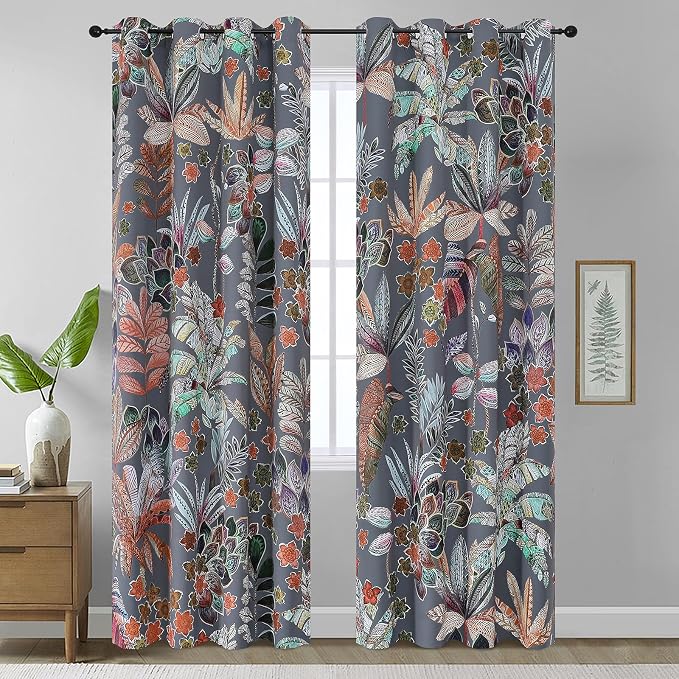 Estelar Textiler Grey Blackout Curtains 102 inch Long 2 Panels, Leaf and Petal Pattern Grommet Drapes for Bedroom Living Room,Window Treatment Decor Colorful Maple Leaves Designs Nature Print,52Wx102L