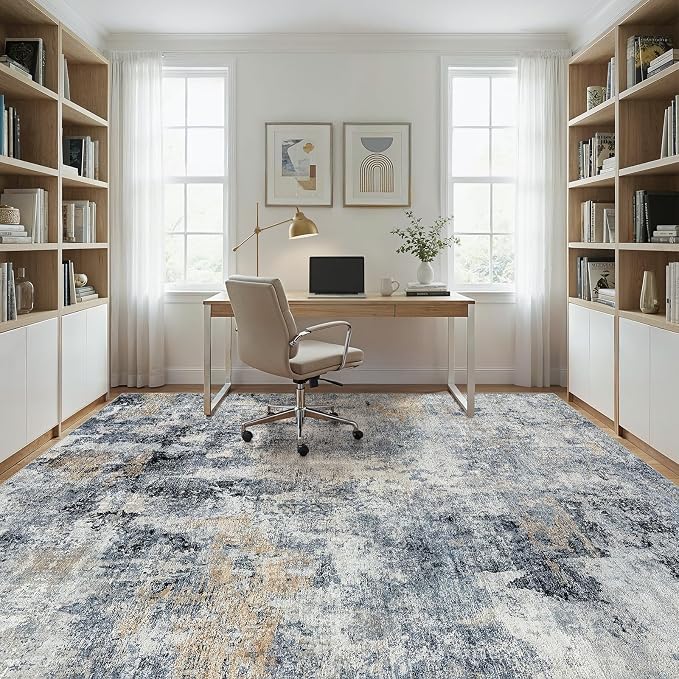 WITSHOCK Area Rugs 7x9 Living Room Rug - Washable Neutral Soft Low Pile Non-Slip Modern Abstract Thin Large Indoor Carpet for Bedroom Dining Room Nursery Office - Dark Blue Brown