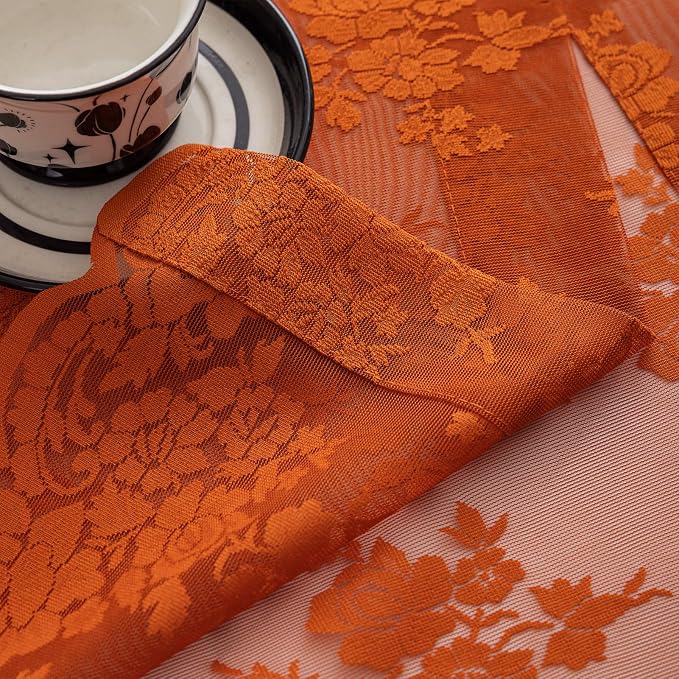 Kotile Burnt Orange Sheer Curtains 45 Inch Length for Kitchen Window, Country Rustic Floral Rust Sheer Lace Curtains, Rod Pocket Privacy Short Lace Curtain, 52 x 45 Inch, 2 Panels, Burnt Orange