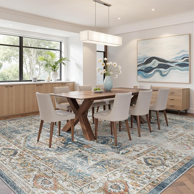 befbee 10x14 Area Rugs,Ultra-Thin Washable Rugs for Living Room,Non-Slip Lightweight Foldable Area Rug,Stain Resistant Vintage Large Rugs (Navy,10'x14')
