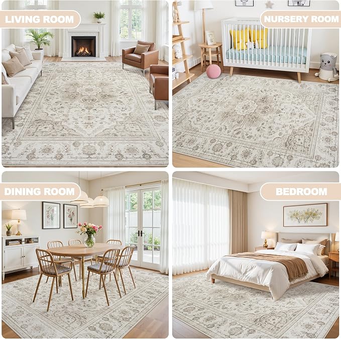 6x9 Area Rugs for Living Room:Beige Washable Vintage Medallion Carpet Non-Slip Soft Low Pile Large Rugs Indoor Retro Rug for Bedroom Nursery Dining Table Office Home(Beige White 6'x9')