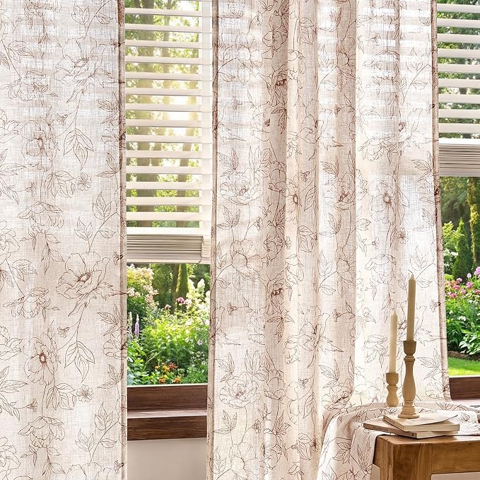 jinchan Floral Linen Curtains for Living Room 96 Inch Length Brown Flower Curtain Rod Pocket Back Tab Farmhouse Curtains with Printed Floral Bedroom Window Curtain Set, 2 Panels Brown