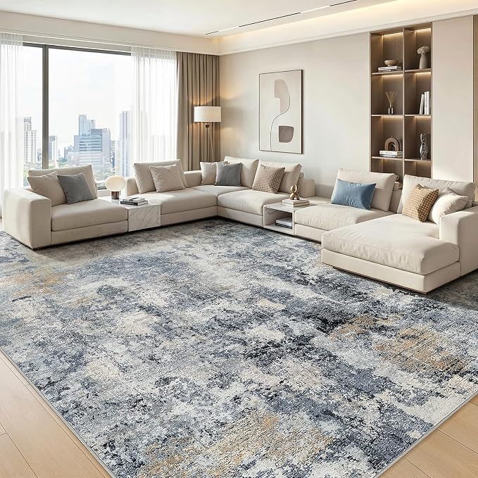 WITSHOCK Area Rugs 12x15 Living Room Rug - Washable Neutral Soft Low Pile Non-Slip Modern Abstract Thin Large Indoor Carpet for Bedroom Dining Room Nursery Office - Dark Blue Brown