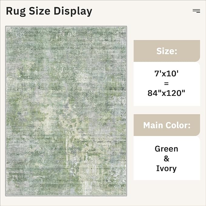 Soalmost 7x10 Area Rug for Living Room Washable Abstract Vintage Soft Thin Indoor Floor Non-Slip Carpet for Bedroom Dining Room Green Ivory