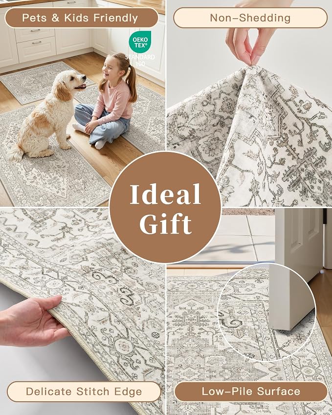 Madane 2-Piece Area Rugs Set, Small Kitchen Runner Non-Slip, Beige/Brown | Rug Runners Vintage Door Mat Indoor Entrance, Low Pile Floor Carpet for Inside Front Bedroom Entryway Entry Laundry 2x3+2x4