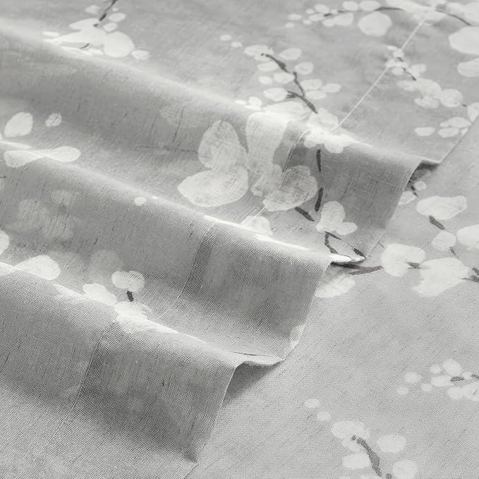 FMFUNCTEX Linen Sheer Curtains for Bedroom, Grey White Blossom Print Curtains 96 Inches Long for Living Room,Floral Patterned Farmhouse Curtain Light Filtering Window Drapes 2 Panels, Rod Pocket