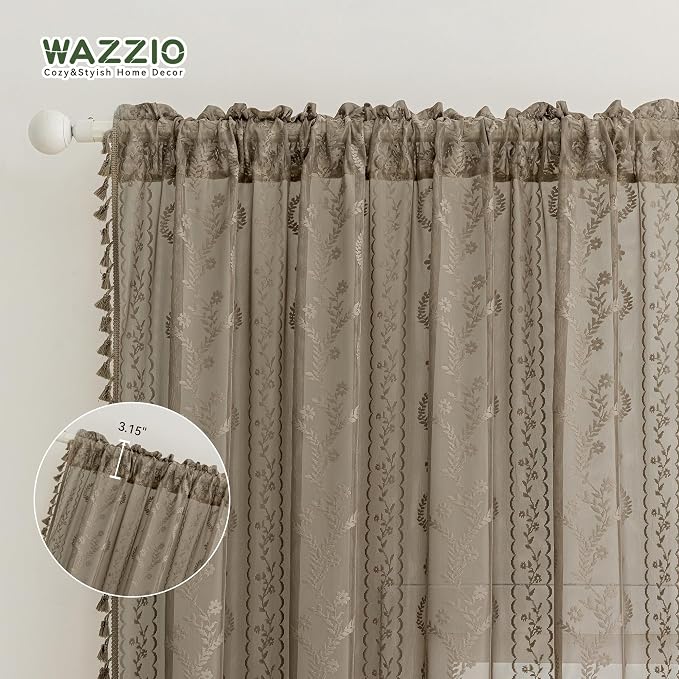 WAZZIO Boho Lace Curtains 2 Panels 63 Inch -Victorian Sheer Panel Drape French Country Floral Pattern & Tassel Light Filtering Privacy for Bedroom Dining Living Room,Coastal Decor,Taupe,W52x L63