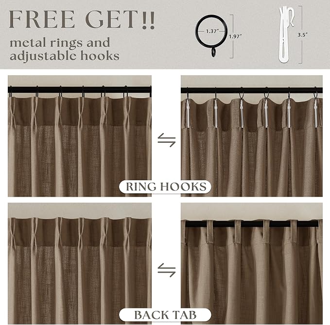 Extra Long Brown Linen Curtains 120 Inches Long Dutch Cocoa Boho Country Farmhouse Curtain Light Filtering Semi Sheer Back Tab Pinch Pleat Curtain for Tall Ceiling Living Room Bedroom 2 Panels