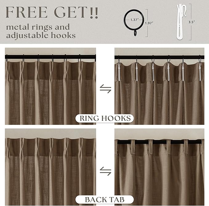 TWODRAPES Dutch Cocoa Linen Curtains 102 Inches Long Living Room Pinch Pleated Drape with Hooks Rings for Track System Light Filtering 102 Inch Curtain for Bedroom Sliding Patio Door 2 Panels Brown