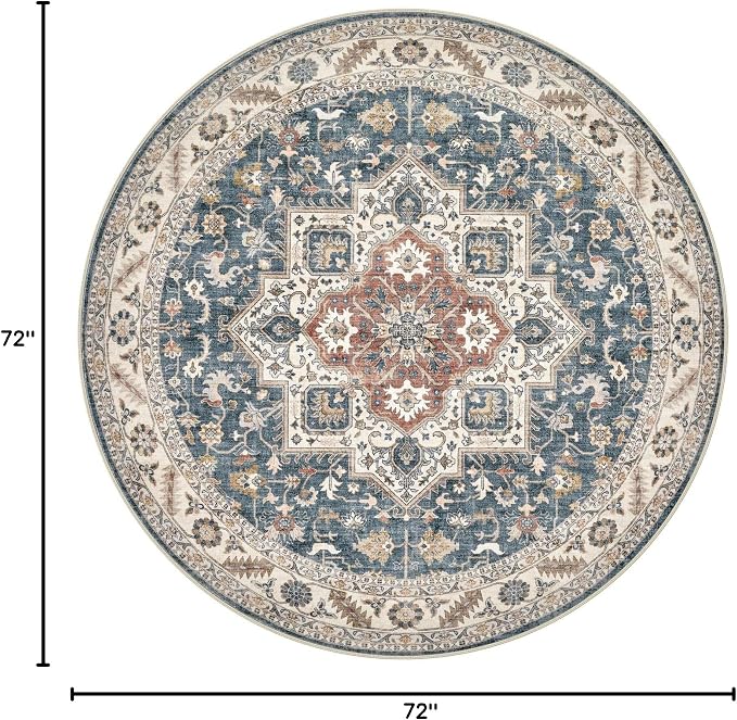 6ft Round Vintage Living Room Area Rug - 6x6 Large Soft Washable Oriental Traditional Distressed Farmhouse Rugs for Bedroom - Indoor Floor Accent Carpet for Home Office House Decor - Vintage Blue