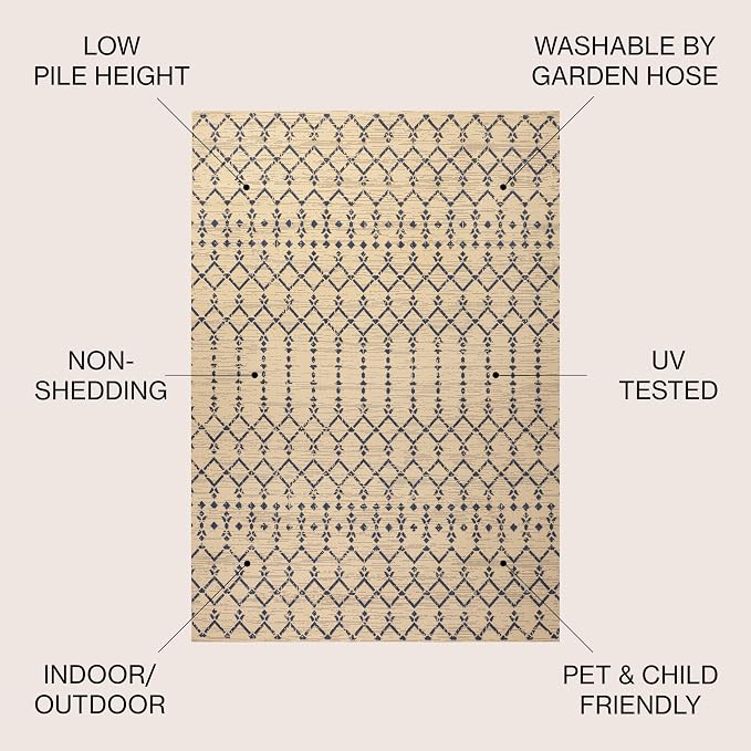 JONATHAN Y Moroccan Geometric Indoor Outdoor Square Area Rug 9X9 Beige/Navy, Ourika Textured Weave for Backyard, Patio, Porch, Easy-Cleaning, High Traffic, Pet-Friendly, Non-Shedding (SMB108H-9SQ)