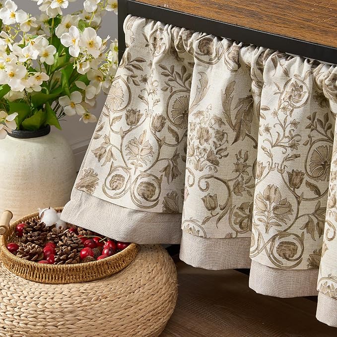 jinchan Linen Valance Kitchen Curtain Pack of 2 Double Layer 16 Inch for Living Room Bedroom Window Treatment Light Filtering Vintage Farmhouse Cottagecore Rod Pocket 2 Panels Taupe on Beige