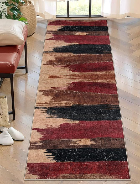 Ciicool 2x6 Washable Runner Rug, Modern Abstract Hallway Rugs Runner, Non-Slip Thin Accent Rug Lightweight Red Black Print Distressed Carpet for Laundry Entryway Bedroom Kitchen Indoor