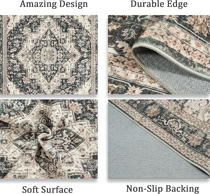 Roxstand 5x7 Washable Area Rug, Non Slip Low Pile Rug, Black/Beige | Non-slip Backing,Low Pile Carpet,Stain Resistant, Rugs for Living Room, Bedroom, Dining Room, Office