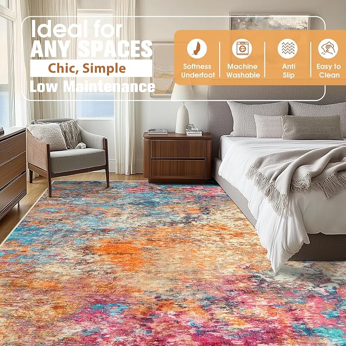 9x12 Area Rugs for Living Room Rug Washable: Abstract Large Rug for Dining Room Bedroom Carpet Non Slip 9 by 12 Indoor Modern Nursery Home Office Colorful