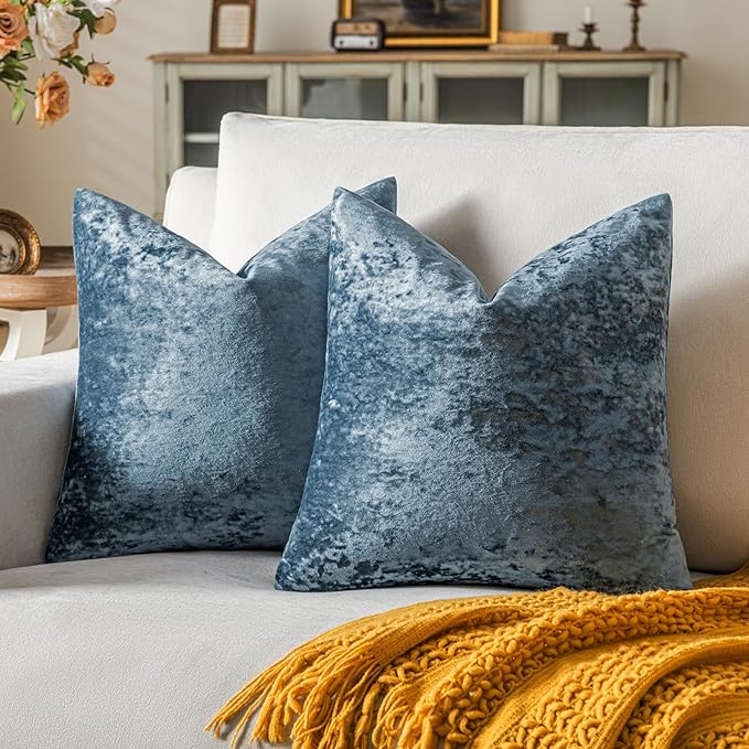 Set of 2 Blue Gray Decorative Velvet Throw Pillow Covers 24x24 Inches, Soft Neutral Accent Pillow Cases with Vintage Textured Farmhouse Couch Cushion Covers for Luxurious Home Decor