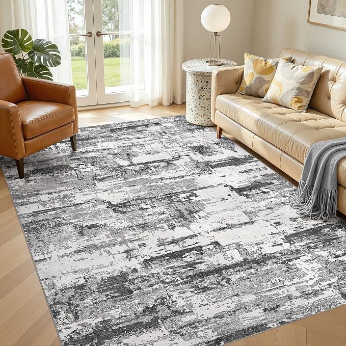Area Rugs 6x9 Living Room: Washable Large Abstract Modern Neutral Soft Rug Stain Resistant Non-Slip Backing Carpet for Bedroom Dining Room Indoor Nursery Dorm Home Office Decor - Black Grey