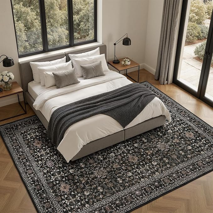 DCX Black 8x10 Rug, Kid & Pet Friendly with Rubber Back Non Slip, Machine Washable Stain Resistant Vintage Traditional Distressed Carpet, Rug for Living Room, Bedroom, Home Decor