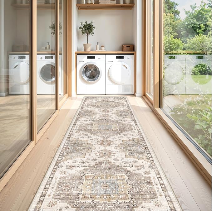 Runner Rug 2x6 Washable Vintage Area Rugs for Hallway Non Slip Laundry Rug Runner Boho Floor Carpet Runners for Entryway Laundry Room Kitchen Bathroom (2'x6',Brown)