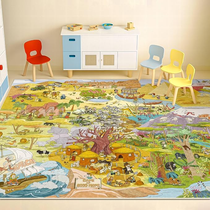 Large Kids Playroom Rug 8x10 – Desert Adventure Safari Animal Map Carpet with Lions, Elephants, Giraffes & Tribes – Educational Area Rug for Boys & Girls Bedroom, Classroom, or Reading Nook