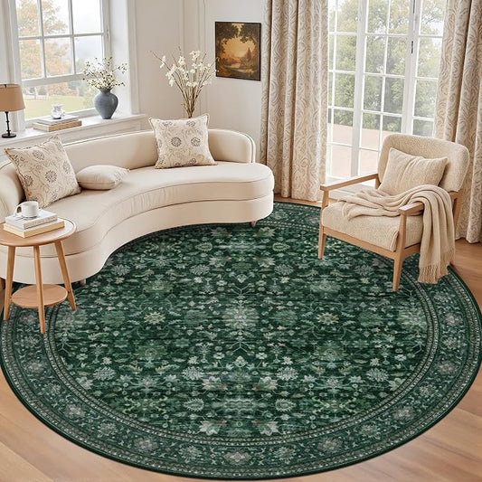 Round Area Rug for Living Room: 6ft Washable Vintage Boho Soft Thin Circle Rug Indoor Floor No Slip Stain Resistant Carpet for Bedroom Dining Room Farmhouse Nursery Home Office - Deep Green